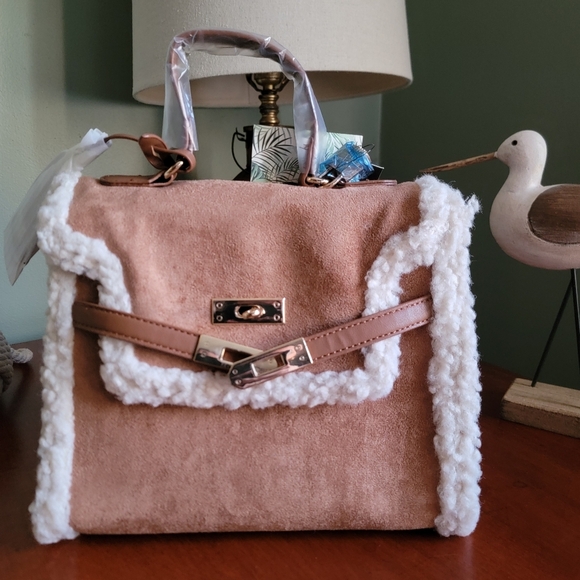 NWT Badgley Mischka Fur Border Satchel Tan Vegan Leather - Picture 2 of 15